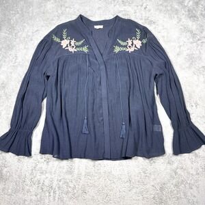 En Creme Blue Embroidered Floral Boho Peasant Blouse Womens Medium